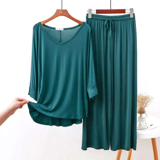 Plain Green V Neck T shirt with Green Palazzo Pajama Night Suit
