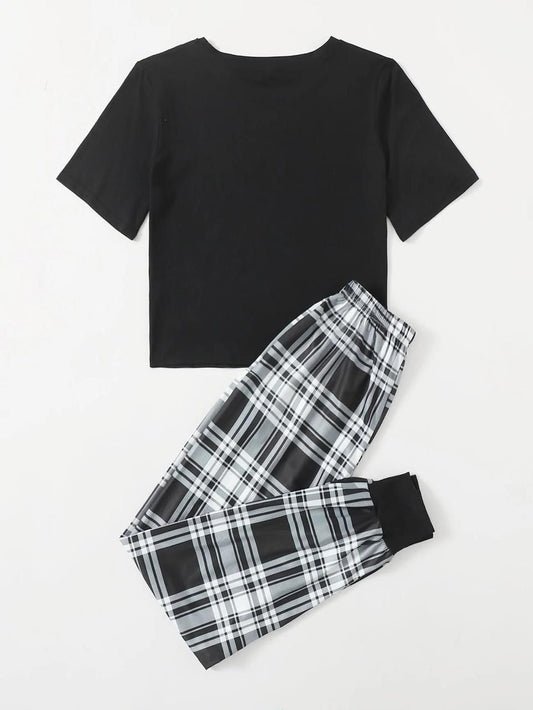 Black Good Things Ahead Printed Half Sleeves T-shirt With Check Printed Trouser Suit (SP-35)