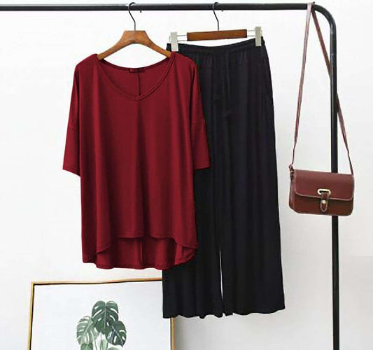 Maroon V Neck T shirt with Black Palazzo Pajama Night Suit