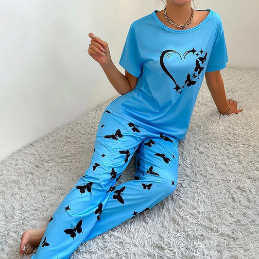 Blue With Butterflies Heart Printed T-shirt And Butterflies Printed Trouser Suit (SP-39)