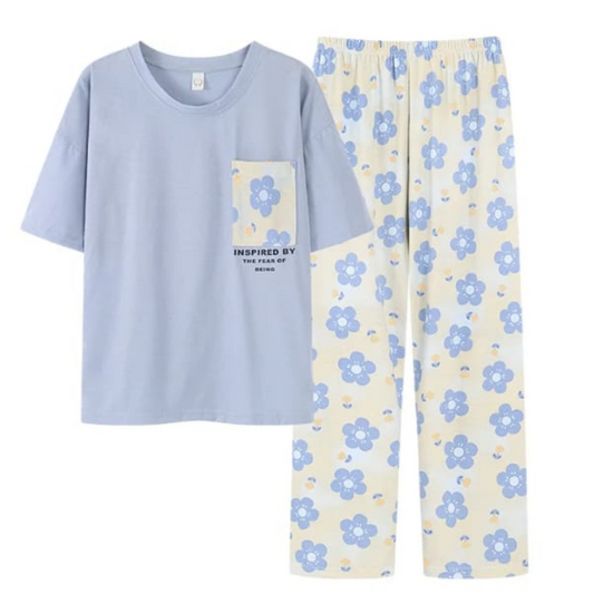 Blue Flower Pocket Print Half Sleeves T-shirt With Flowers Print Pajama Suit (SP-21)