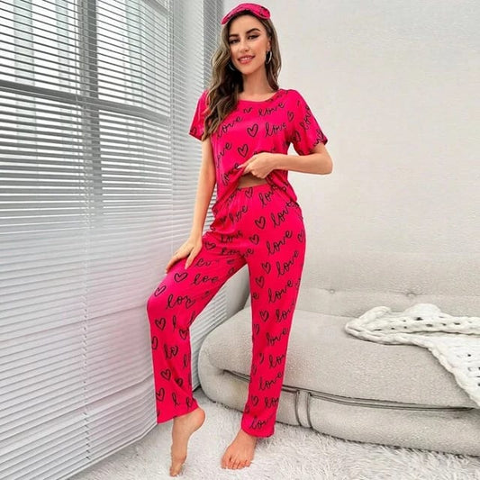 Shocking Pink Love Printed T-shirt And Trouser Suit (SP-43)