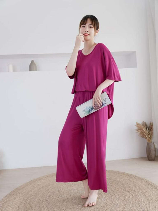 Plain Shocking Pink V Neck Quarter Sleeves with Cut Style Pajama Night