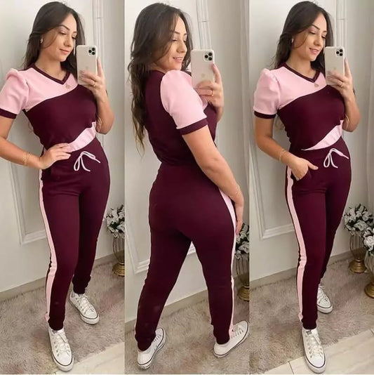 Pink with Maroon Panel Gym Suit Or Yoga Suit Tracksuit For Her