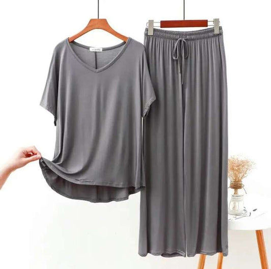 Grey V Neck Half Sleeves Shirt With Plazzo Trouser