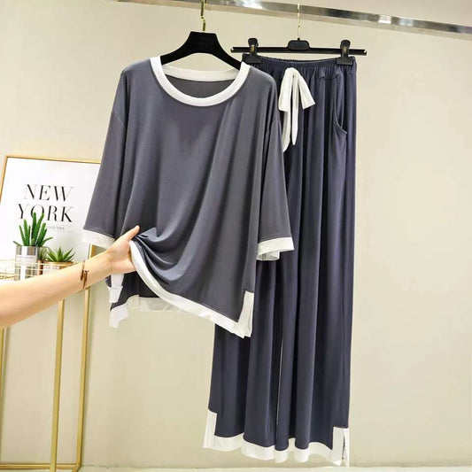 Plain Grey with White Round Neck and Quarter Sleeves T Shirt with White Panel Palazzo Style Pajama Suit