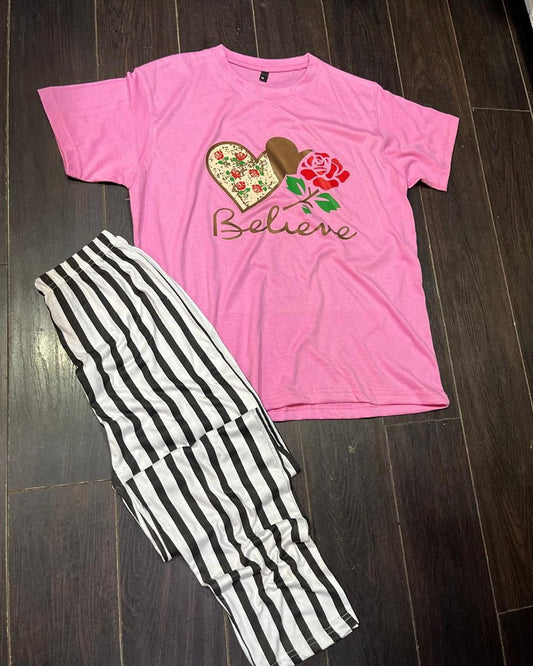 Pink Believe Printed Tshirt and Linning Trouser (SP-58)