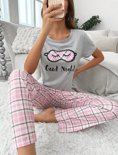 Heather Grey and Pink Plaid Pajamas Printed Night Wear (RB-402)