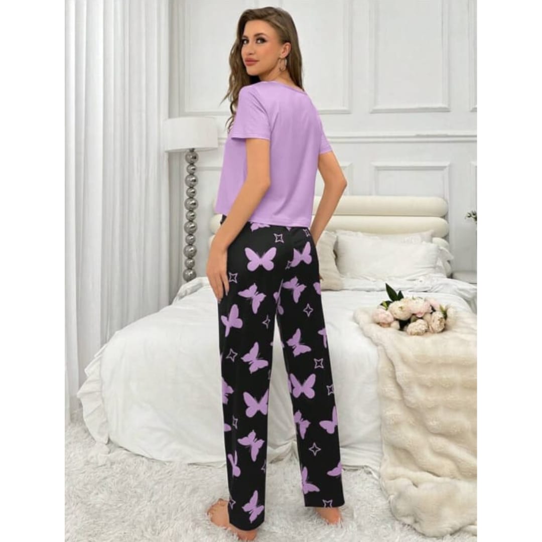 Purple With Black Butterflies Heart Printed T-shirt And Butterflies Printed Trouser Suit (SP-32)