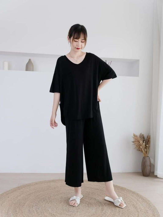 Plain Black V Neck Quarter Sleeves with Cut Style Pajama Night Suit