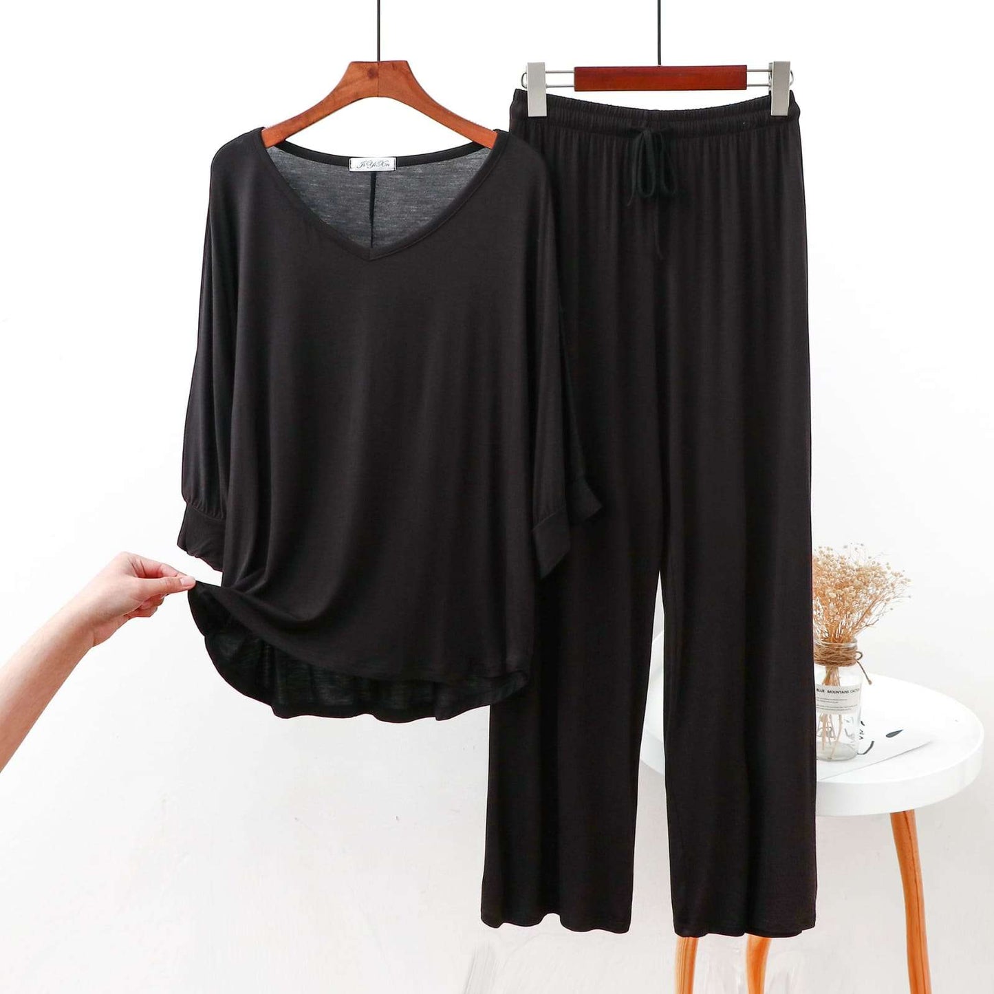 Plain Black V Neck with Palazzo Style Pajama Full Sleeves Suit