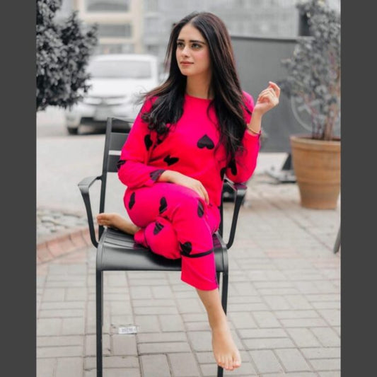 Shocking Pink With Black Big Heart print Half Sleeves Night Suit for her (SP-37)