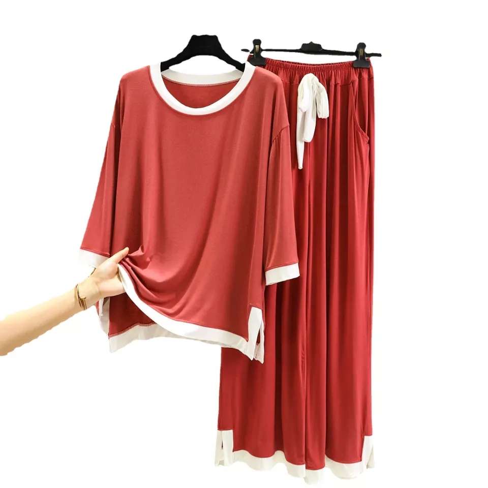 Red With White Round Neck Flapper Pajama Night Suit