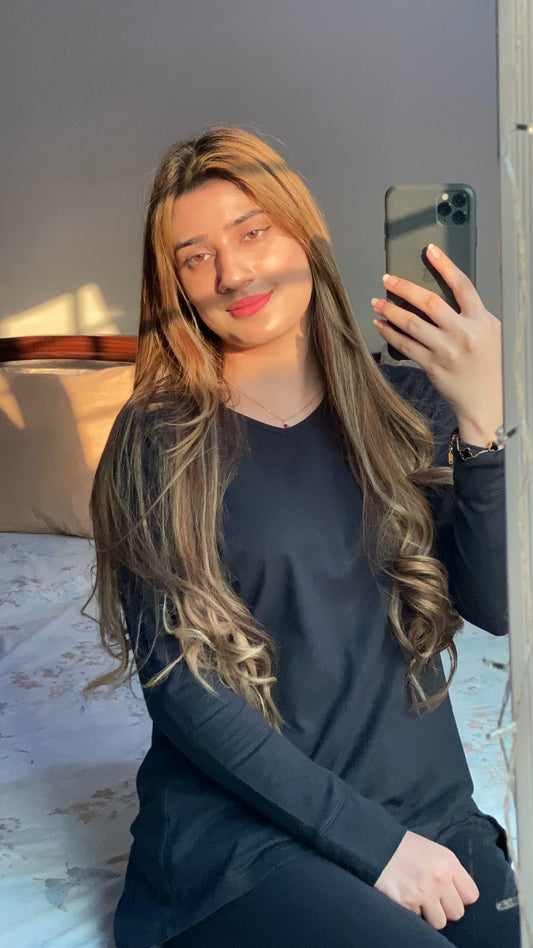 Plain Black V Neck with Palazzo Style Pajama Full Sleeves Suit