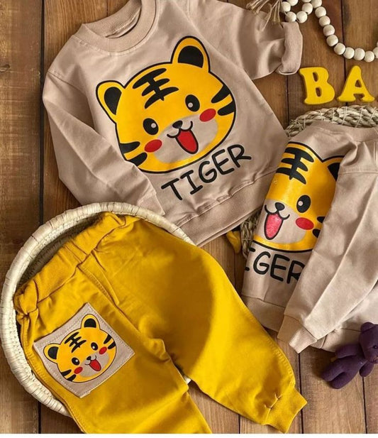Brown Tiger Print Sweatshirt With Yellow Trouser For Kids