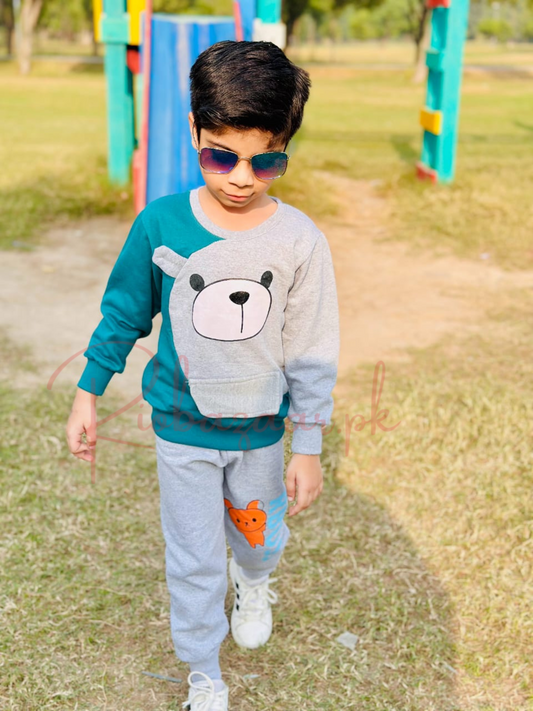 Green With Grey Bear Print Sweatshirt With Grey Trouser For Kids (SP-B6)