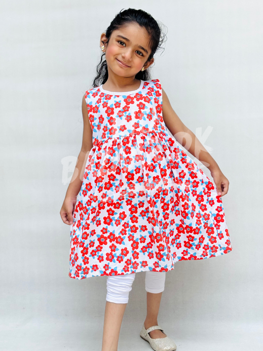 White With Red Flowers Print Sleeveless Frock For Baby Girl (RB-900)