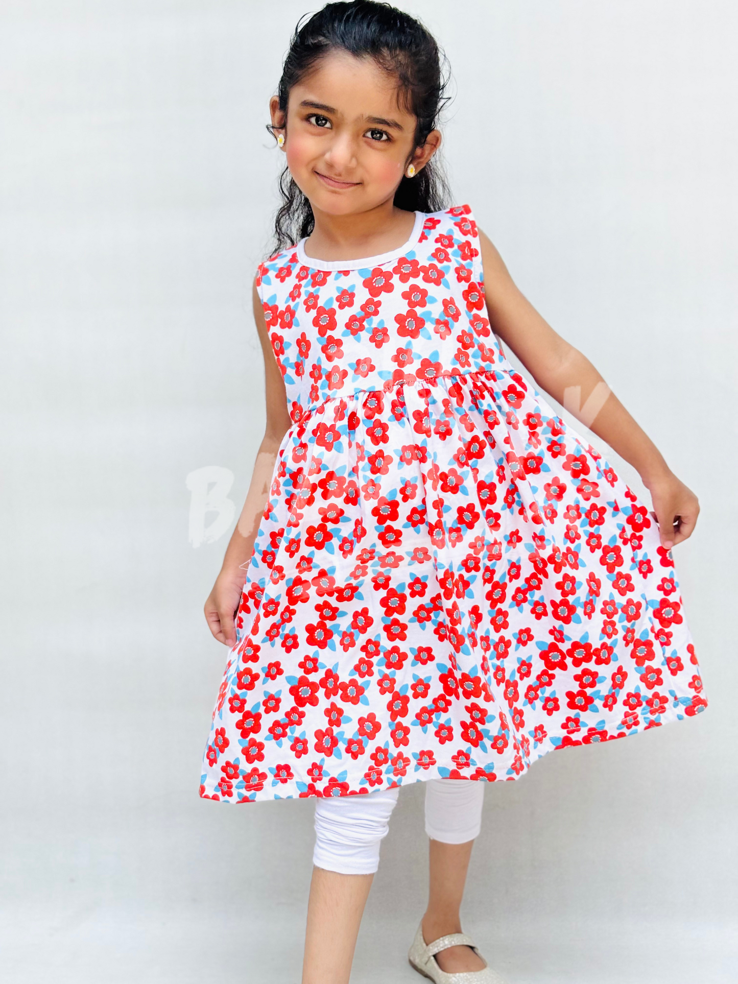 White With Red Flowers Print Sleeveless Frock For Baby Girl (RB-900)