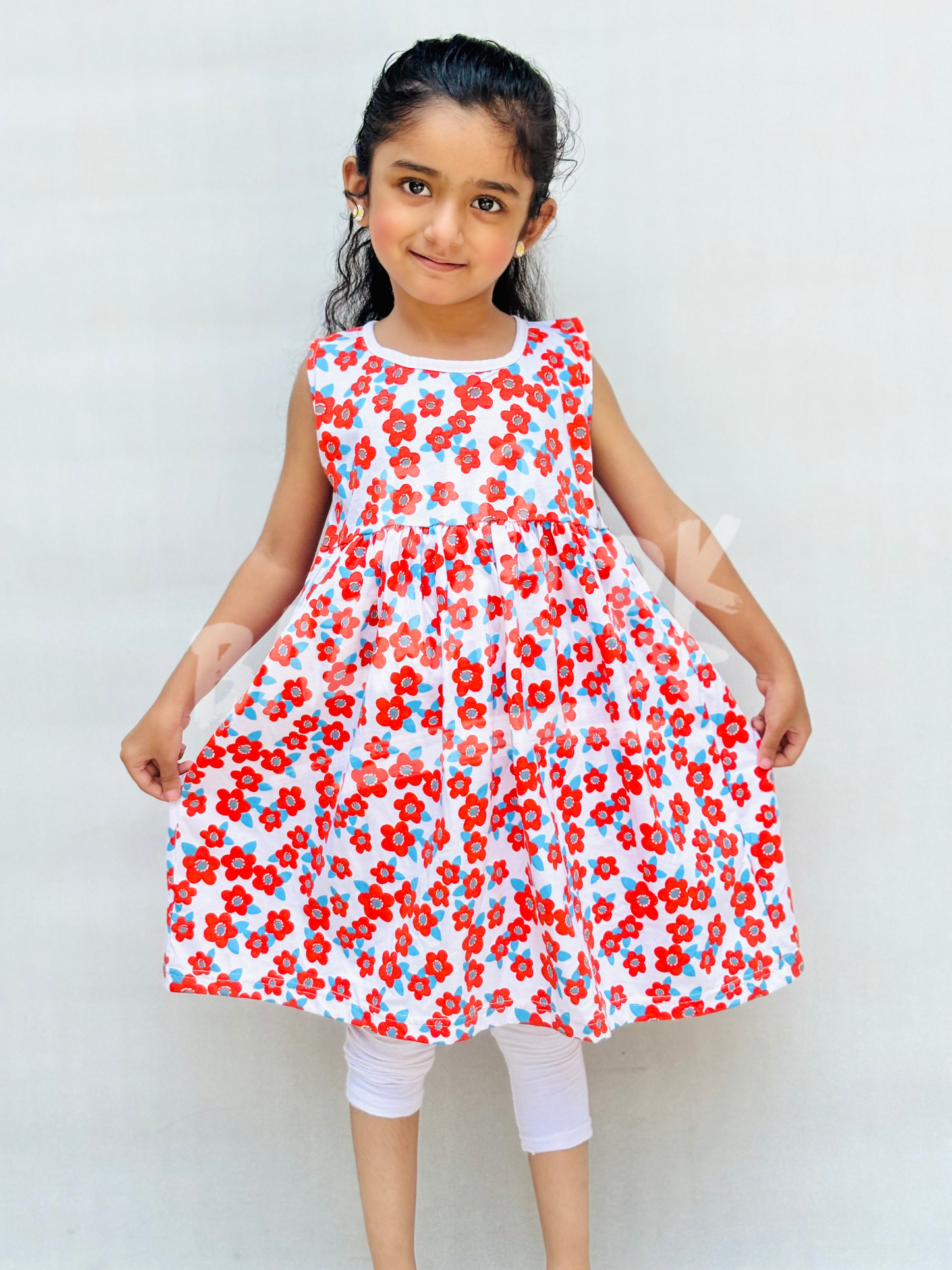 White With Red Flowers Print Sleeveless Frock For Baby Girl (RB-900)