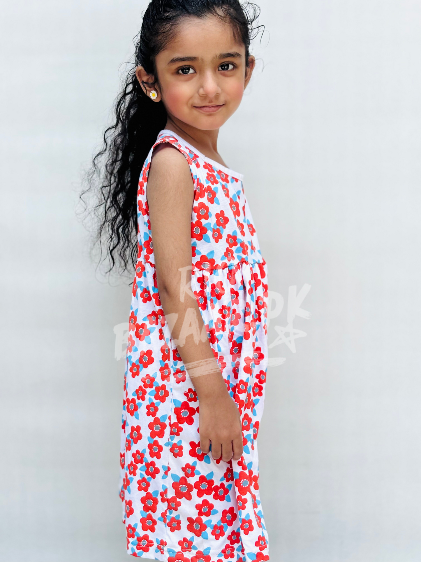 White With Red Flowers Print Sleeveless Frock For Baby Girl (RB-900)