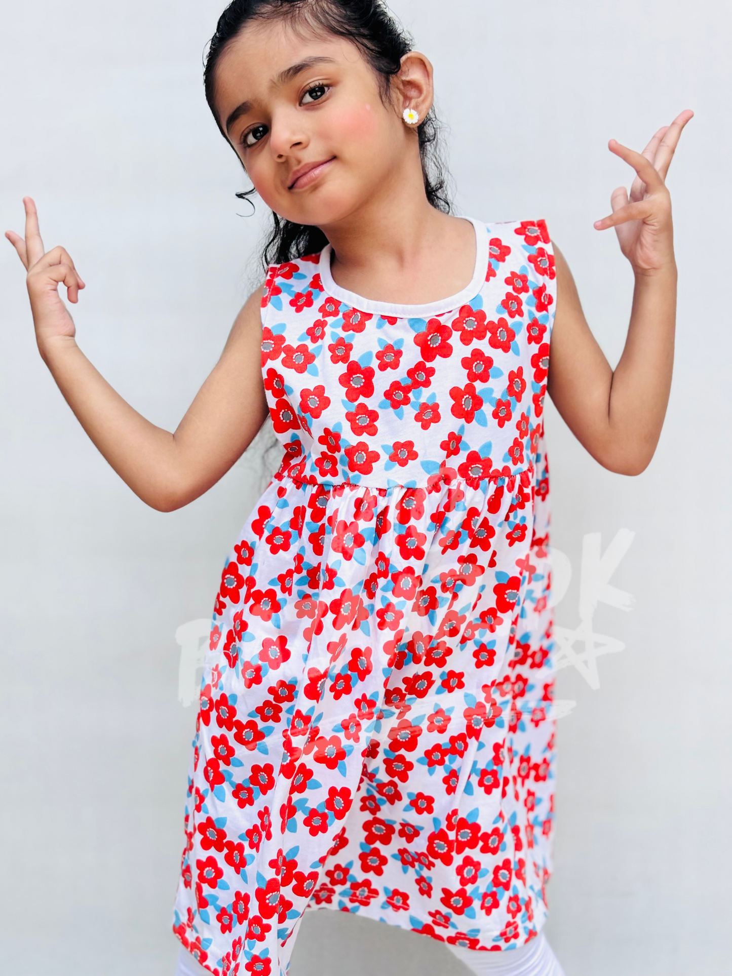 White With Red Flowers Print Sleeveless Frock For Baby Girl (RB-900)