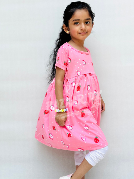 Pink Strawberry Printed Half Sleeves Frock For Baby Girl (RB-902)