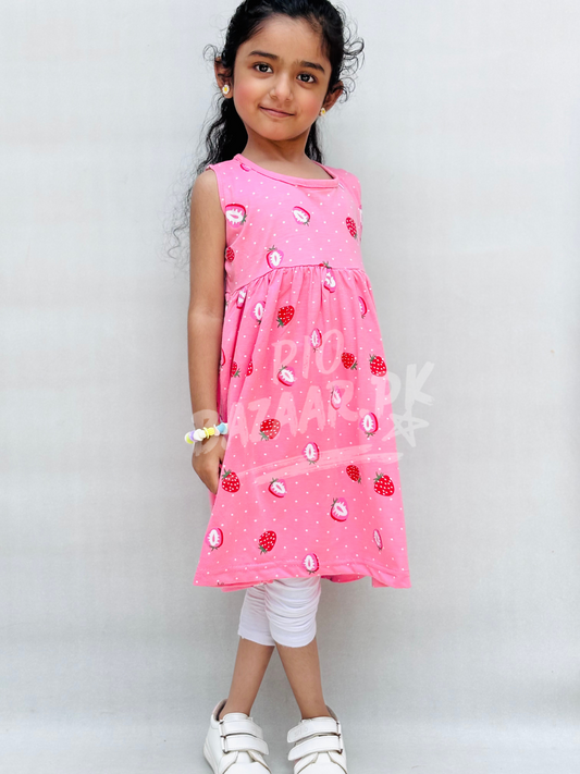 Pink Strawberry Print Sleeveless Frock For Baby Girl (RB-903)