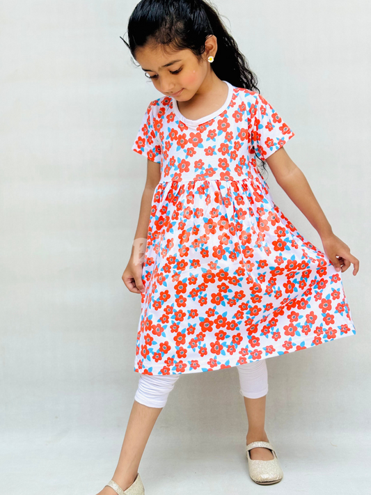 White With Red Flowers Print Half Sleeves Frock For Baby Girl(RB-901)