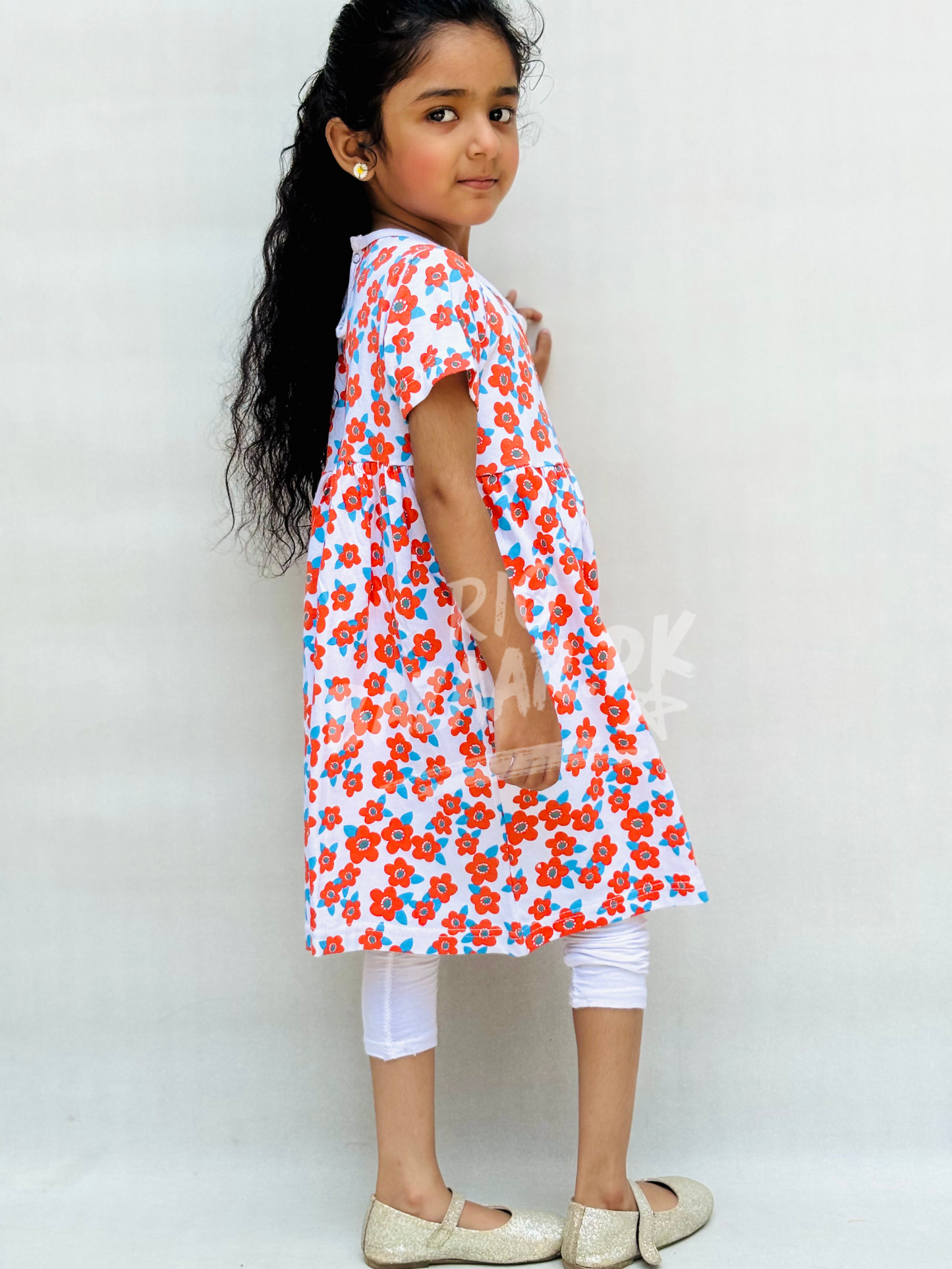 White With Red Flowers Print Half Sleeves Frock For Baby Girl(RB-901)