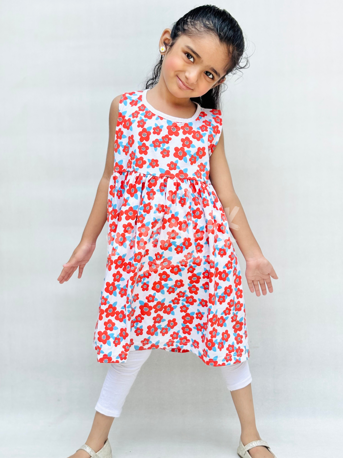White With Red Flowers Print Sleeveless Frock For Baby Girl (RB-900)