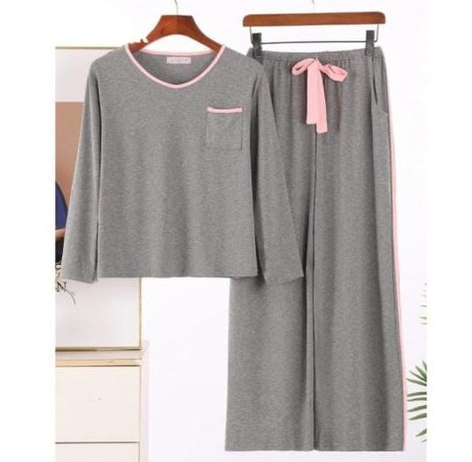 Heather Grey Plain Round Neck Shirt With Piping Trouser Lounge Wear (RB-564)