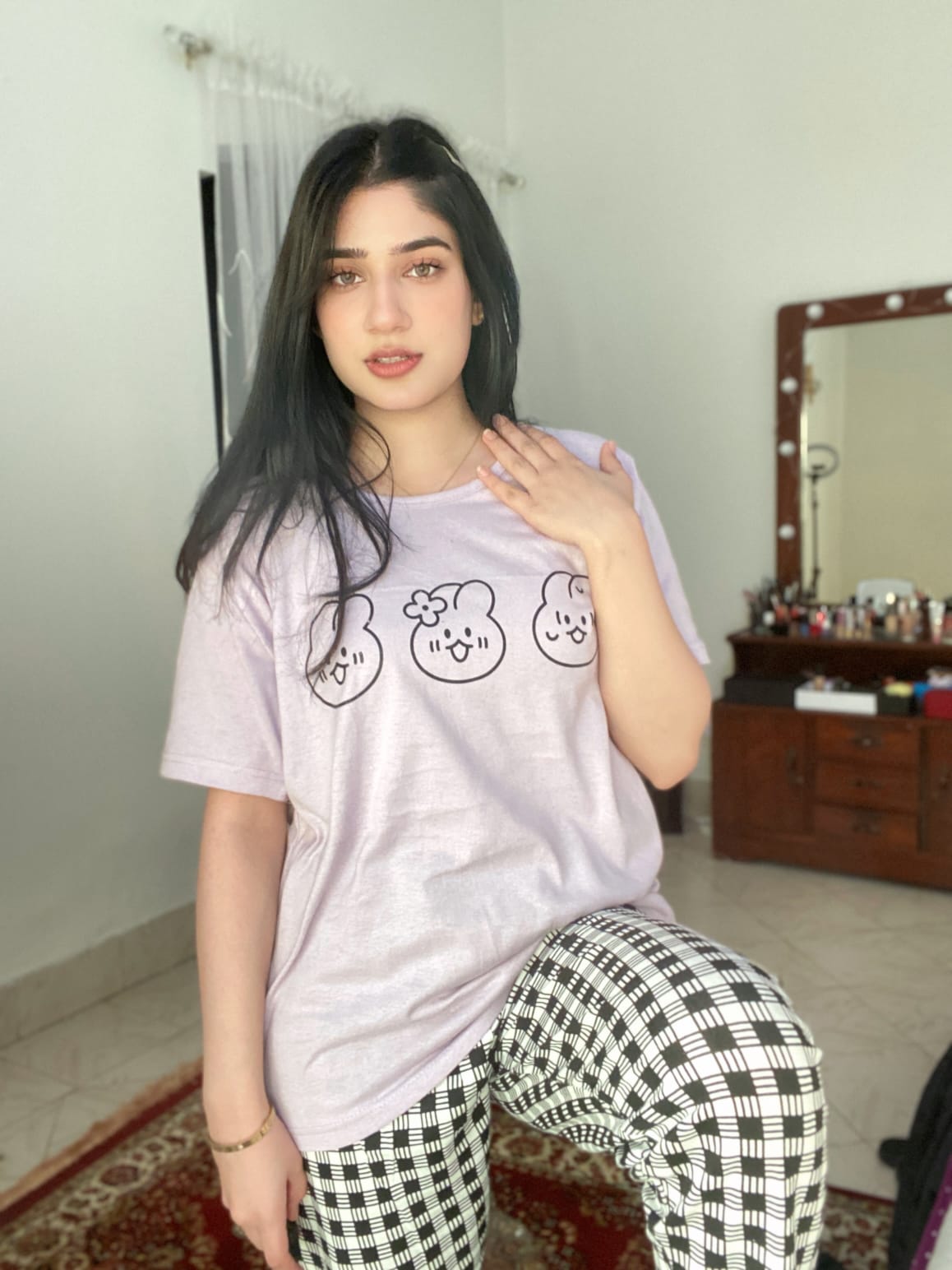 Light Purple Bear Print Half Sleeves T-shirt With Check Trouser Suit (SP-50)