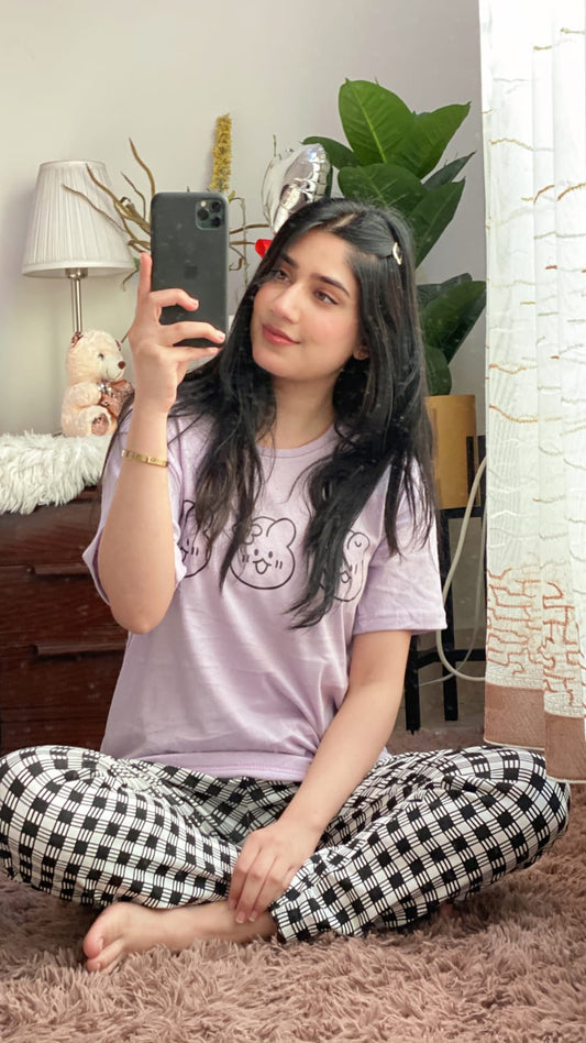 Light Purple Bear Print Half Sleeves T-shirt With Check Trouser Suit (SP-50)