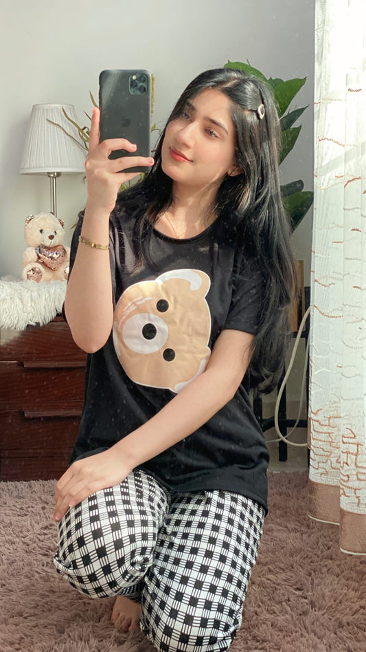 Black Bear Half Sleeves T-shirt With Check Printed Trouser Suit (SP-46)