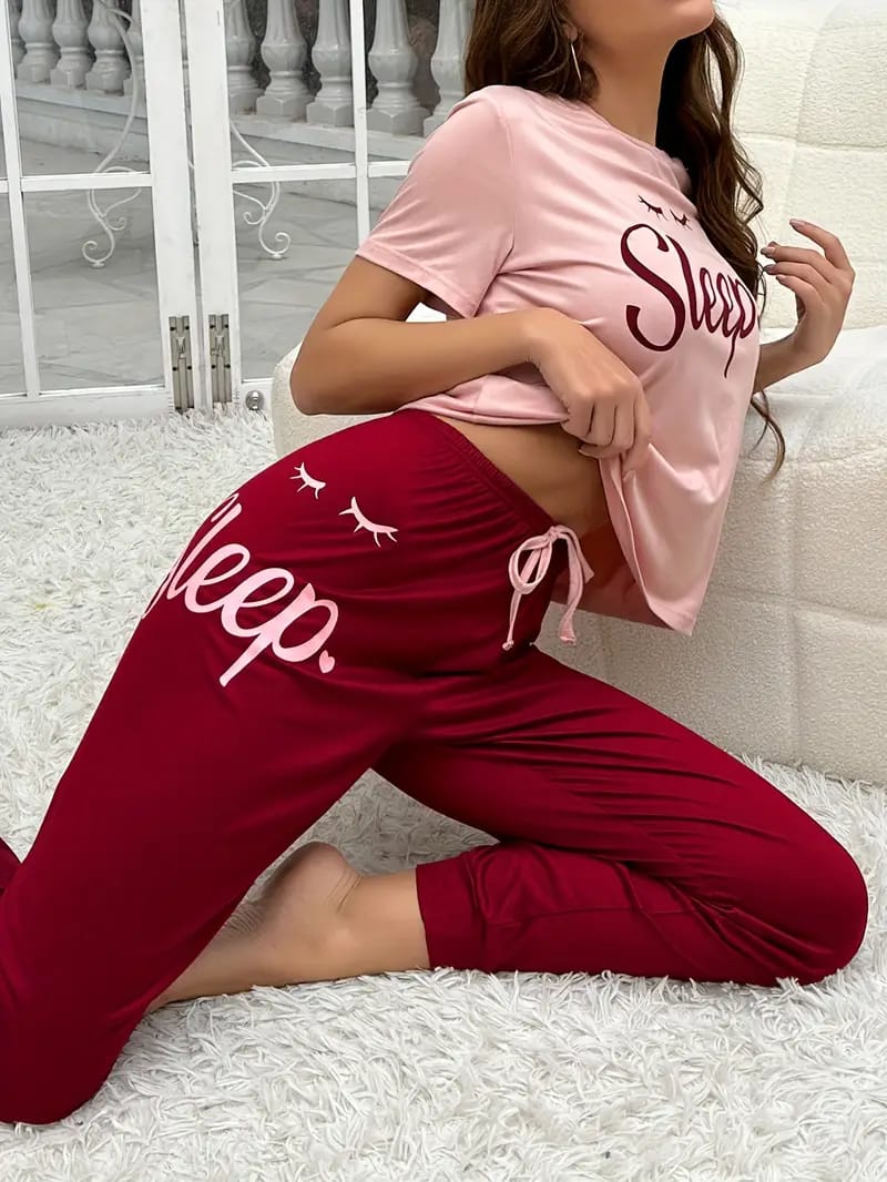 Pink Sleep Print half Sleeves T-shirt With Sleep Print Pajama Suit (SP-19)