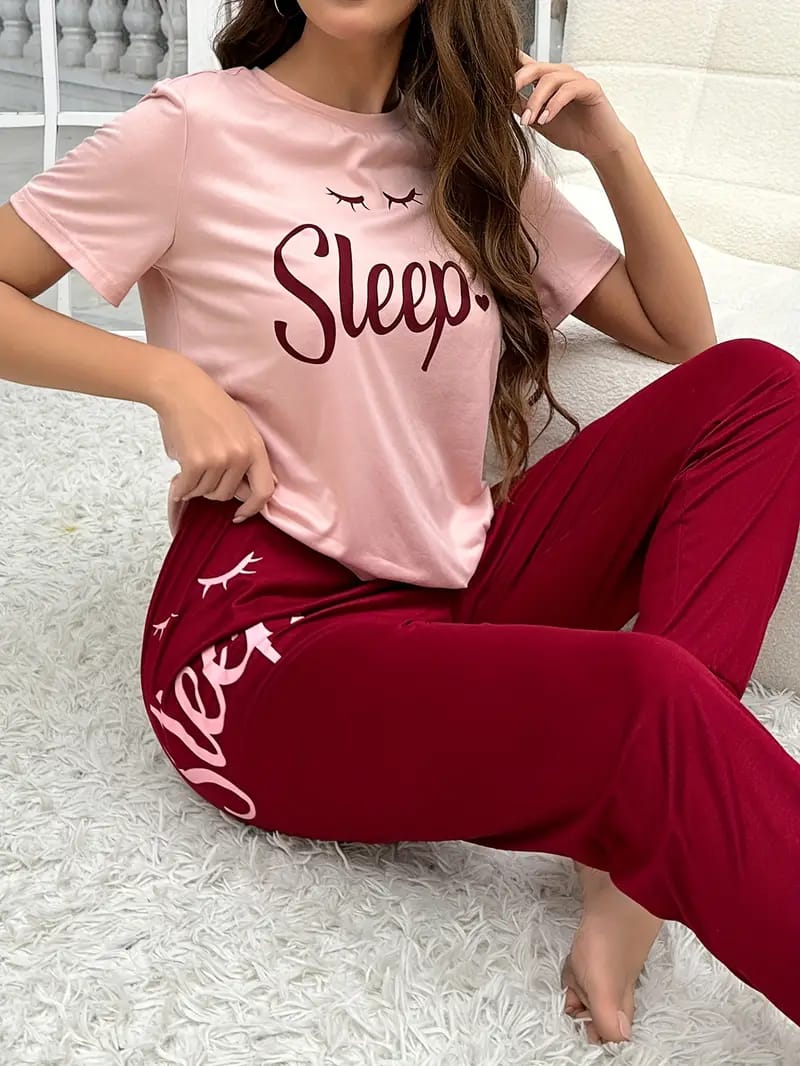 Pink Sleep Print half Sleeves T-shirt With Sleep Print Pajama Suit (SP-19)