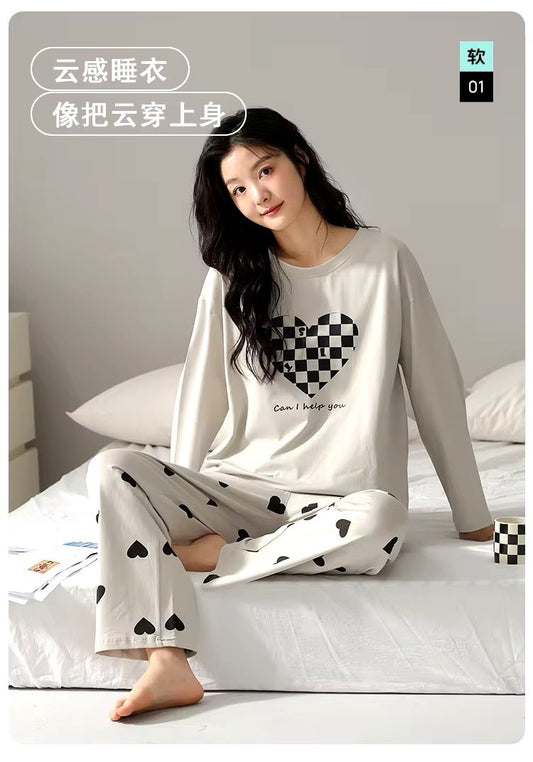 Grey Puzzle Heart Print With Heart Printed Trouser Full Sleeves Night Suit RB-25