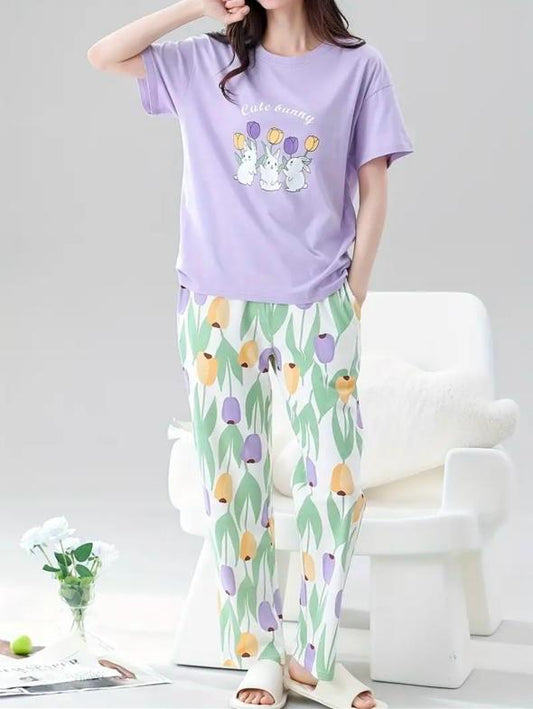 Lilac Bunny Printed Half Sleeves Night Suit (RB-777)