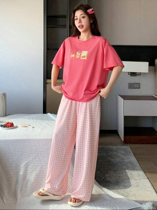 Pink Juices Printed Tshirt with Check Printed Trouser– Soft Feel, Cute Vibe