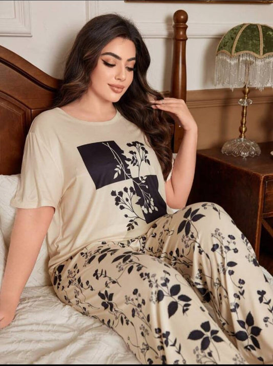Off white Leaves Printed T-Shirt with leafs printed trouser – Soft Feel, Cute Vibe