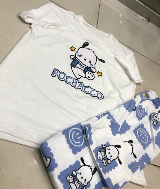 White Pochacco Print Half Sleeves Printed Night Suit β Soft Feel, Cute Vibe