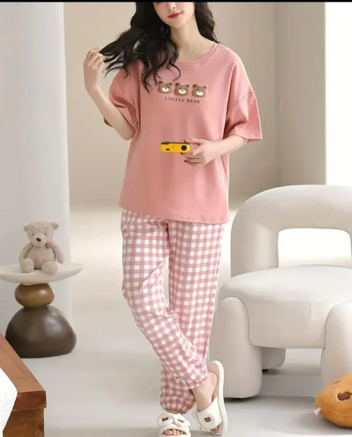 Pink Lovely 3 Bears Print Half Sleeves – Soft Feel, Cute Vibe