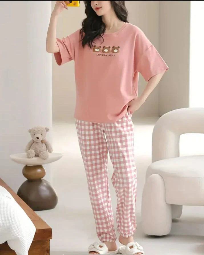 Pink Lovely 3 Bears Print Half Sleeves – Soft Feel, Cute Vibe