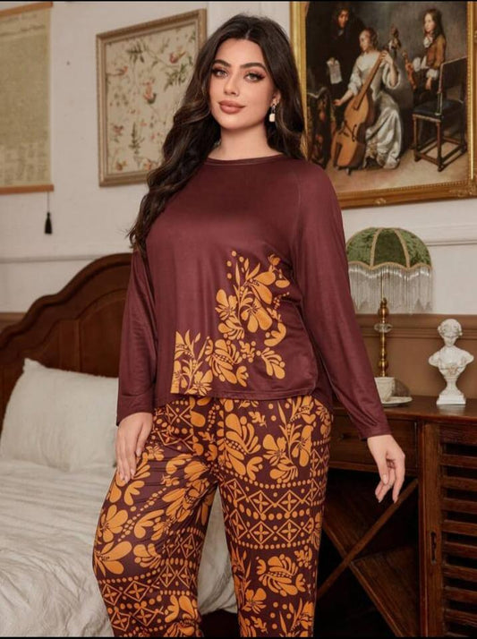 Dark Maroon Floral Print Full Sleeves with floral Printed pajama – Soft Feel, Cute Vibe