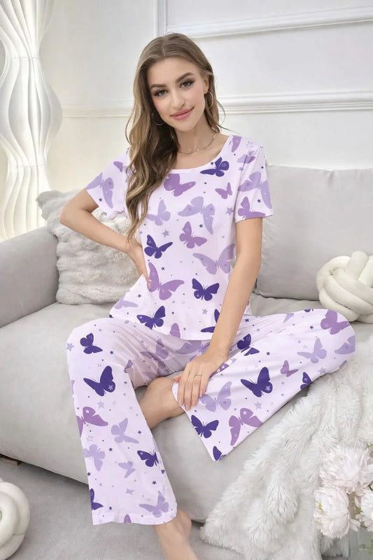 Purple All Over Butterflies Printed half Sleeves Night Suit For Her