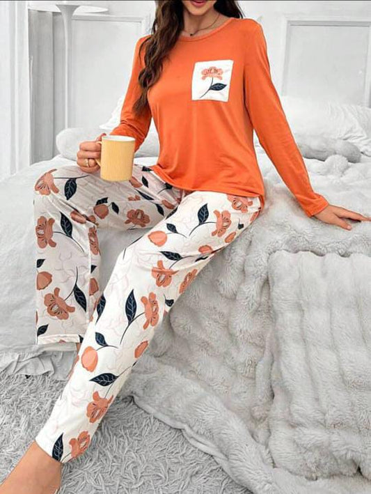 Floral Print Pocket Patched Long Sleeve Tee & Pant PJ Set (RB-401)
