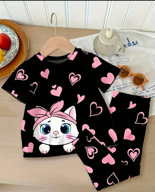 Black Kitty With Pink Hearts Print Kids Night Suit (RB-411)