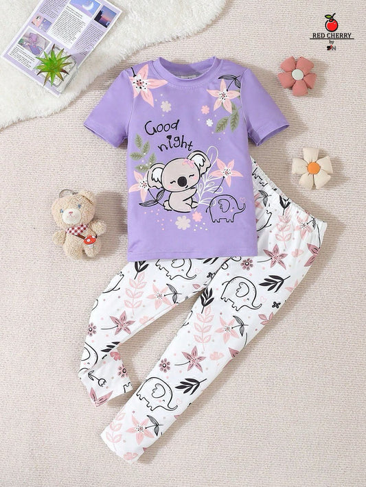 "Girls' Koala & Elephant Nightwear Set β Lavender Top & Printed Pajama (RB-021)
