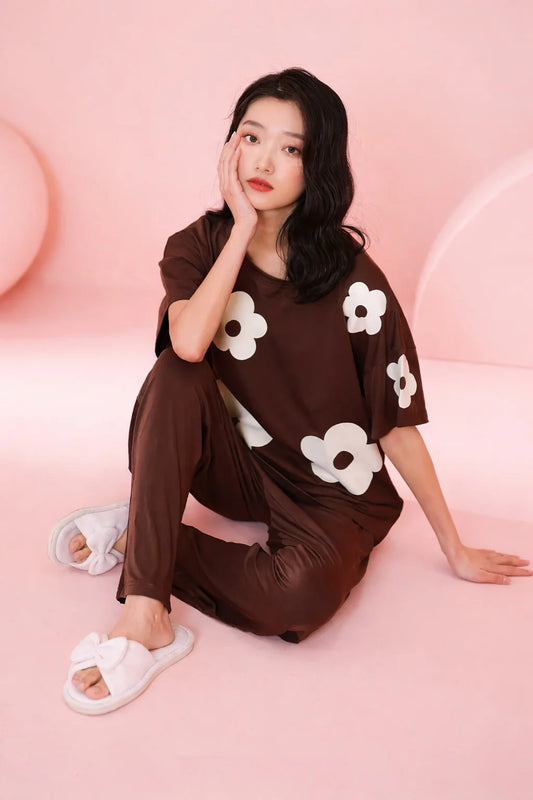 (NEW ) Brown All over BIG White Flower Night Suit For her - Soft Feel, Cute Vibe