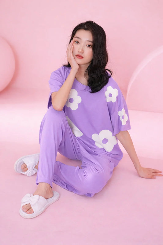 (NEW ) Lilac All Over BIG White Flower Night Suit For Her